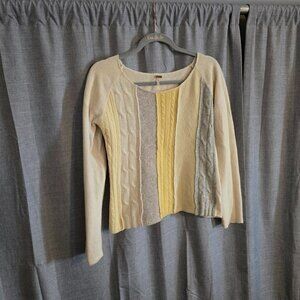 Free People Cable Striped Wool Blend Sweater Ivory Yellow Grey